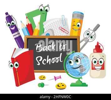 Funny composition of stationery school objects with eyes and smiles, concept of a beginning of an educational year at school, vector illustration for Stock Vector