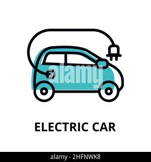 Modern flat thin line design icon, vector illustration, infographic concept of alternative energy. Electric car icon for graphic and web design Stock Vector