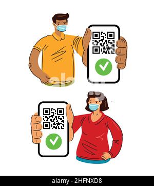 Vaccinated digital certificate passport on device screen. Man and woman with smartphone QR code. Vector illustration Stock Vector