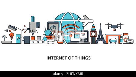 Modern flat line design vector illustration, concept of internet of things, for graphic and web design Stock Vector