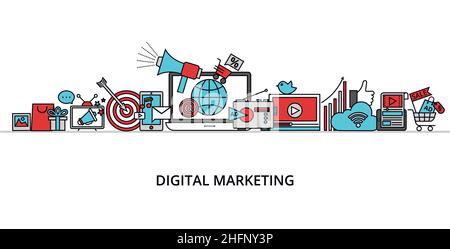 Modern flat thin line design vector illustration, concept of digital marketing, internet marketing idea and new market trends analysis for graphic and Stock Vector