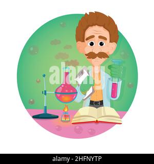 Men doing chemistry experiments. Holding flask and test tube in hands. Men scientist conducts experiments. Stock Vector