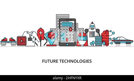 Modern flat line design vector illustration, concept of future technologies and development innovations, for graphic and web design Stock Vector