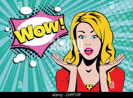 Wow blond girl face with speech bubble in pop art retro comic book style, vector illustration Stock Vector