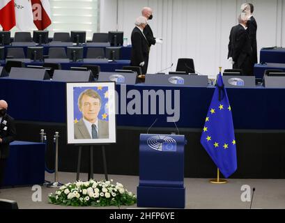 17 January 2022, France, Straßburg: A photo of the late former EU Parliament President David Sassoli stands in the EU Parliament. Members of the European Parliament commemorate the late former president of the EU Parliament. Photo: Philipp Von Ditfurth/dpa Stock Photo