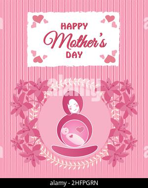 Happy Mother's Day Abstract Floral Greeting Card Poster Banner, Baby in Womb, Lap, Celebrating motherhood Stock Vector