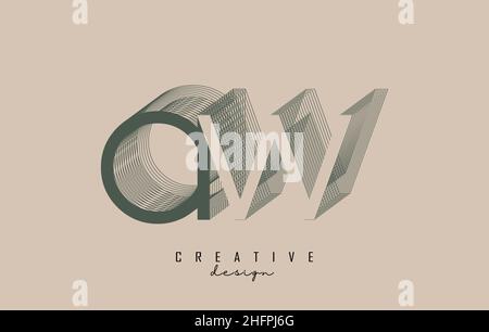 Wireframe Aw Letter Logo Design in two colors. Creative vector illustration with wired, mirrored outline frame. Pastel colors logo. Stock Vector