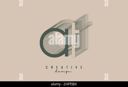 Wireframe AT Letter Logo Design in two colors. Creative vector illustration with wired, mirrored outline frame. Pastel colors logo. Stock Vector