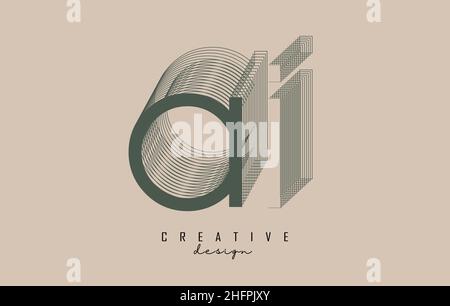Wireframe Ai Letter Logo Design in two colors. Creative vector illustration with wired, mirrored outline frame. Pastel colors logo. Stock Vector
