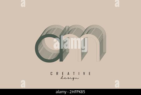 Wireframe AM Letter Logo Design in two colors. Creative vector illustration with wired, mirrored outline frame. Pastel colors logo. Stock Vector
