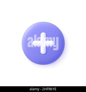 Add, plus, medical cross round button. 3d vector icon. Cartoon minimal style. Stock Vector