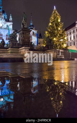 Beautiful Christmas decorations at famous main square Hauptplatz, at night, in the city center of Graz, Steiermark, Austria. Stock Photo