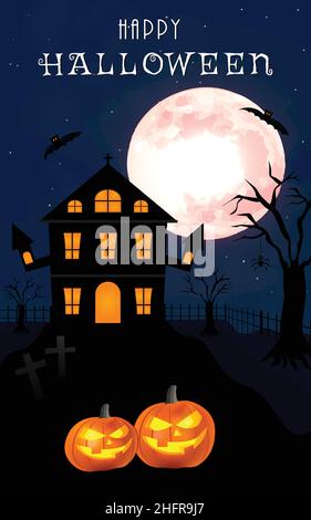 Halloween Full moon, Banner, Spiders, Haunted House, Pumpkins, Death, dead tree, and Bats landscape poster Stock Vector