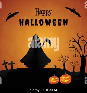 Halloween Full moon, Banner, Spiders, Haunted House, Pumpkins, Death, dead tree, and Bats landscape poster Stock Vector