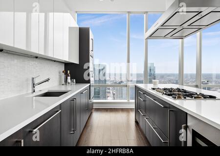 Luxury Penthouse Kitchen with City Views. Two Toned Cabinets with ...