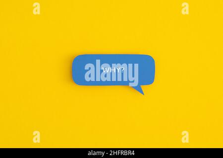 Paper speech bubble with the word "Why" on a yellow background. Top view with copy space. Flat lay. Stock Photo