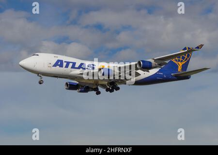 Atlas Air Boeing 747-400 Freighter with registration N496MC shown approaching LAX, Los Angeles International Airport. Stock Photo