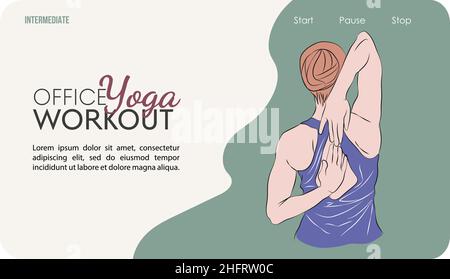 yoga, sitting at the workplace, sitting on a chair, a young woman practices yoga. Fitness woman workout, aerobics and exercises. Design for apps, webs Stock Vector