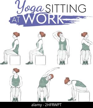 yoga set sitting on chair, young woman doing yoga. Fitness woman workout, aerobics and exercises. Design for apps, websites, print, presentations. Stock Vector