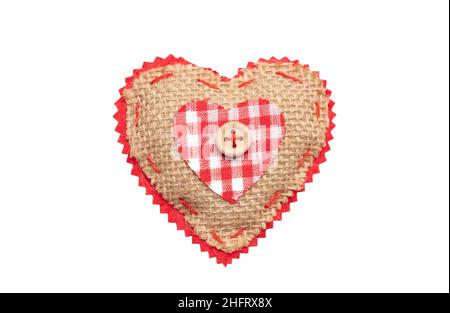 Valentine day, Love symbol, design element. Heart red checkered textile and button isolated on white. Fabric texture heart shape decoration Stock Photo