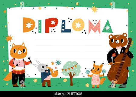 Animals kids diploma. Childish certificate. Cute musicians with cello and saxophone. Music class graduation. Funny band. Cartoon quartet plays Stock Vector