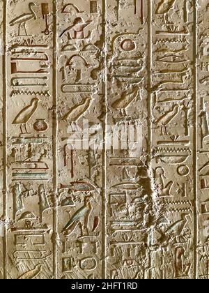 Drawings and hieroglyphs on the walls of the tomb of Merenptah in the Valley of the Kings near Luxor, Egypt. Stock Photo