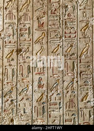 Drawings and hieroglyphs on the walls of the tomb of Merenptah in the Valley of the Kings near Luxor, Egypt. Stock Photo