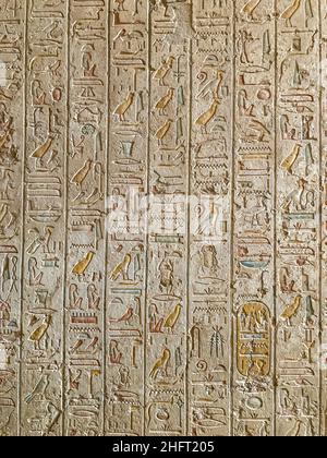 Drawings and hieroglyphs on the walls of the tomb of Merenptah in the Valley of the Kings near Luxor, Egypt. Stock Photo