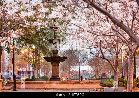 Macon, Georgia, USA downtown square in spring season with the fountain. Stock Photo