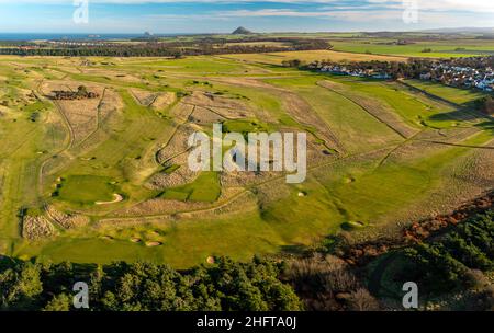 Aerial view from drone of Muirfield Golf Club in Gullane, East Lothian, Scotland, UK Stock Photo