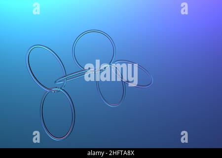 The Glass rings on a blue background. Transparent chain of rings. Ring connection. Glass crystal rings on a blue background design 3D illustration. Stock Photo