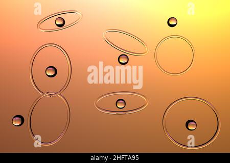 The Transparent glass rings and balls. Glass rings and balls on orange background design.Orange abstract. 3D illustration. Stock Photo