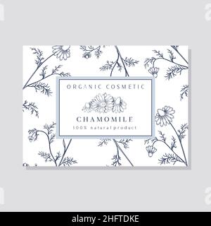 Hand Drawn Chamomile Illustration Card. Abstract Vector Hand Drawn Chamomile Flowers Sketches Background with Classy Retro Typography. Isolated. Stock Vector