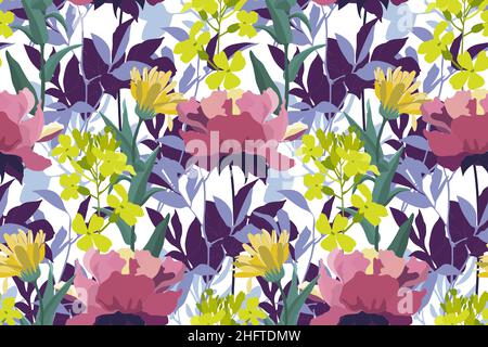Vector floral seamless pattern. Yellow and pink flowers, green, blue and purple leaves, twigs and herbs. Stock Vector