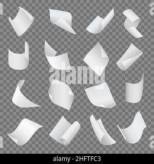 Flying curl papers. Realistic blank office pages, twisted white notebook sheets, different curve cards, empty various scattered documents, isolated Stock Vector
