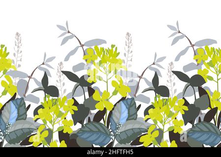 Vector floral seamless pattern, border. Horizontal panoramic design with yellow flowers. Stock Vector
