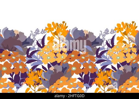 Vector floral seamless pattern, border. Horizontal panoramic design with multicolored leaves and herbs. Stock Vector