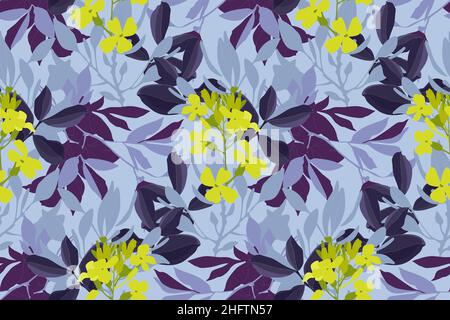 Vector floral seamless pattern. Yellow flowers and purple leaves on a blue background. Stock Vector