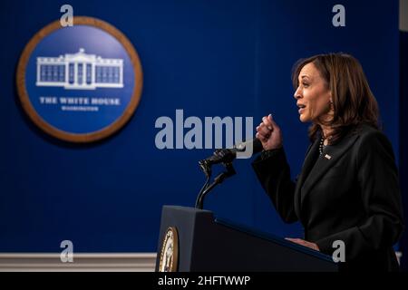 United States Vice President Kamala Harris delivers virtual remarks to Historic Ebenezer Baptist Church for the Martin Luther King, Jr. Beloved Community Commemorative Service from the South Court Auditorium of the Eisenhower Executive Office Building in Washington, DC on Monday, January 17, 2022. Credit: Ken Cedeno/Pool via CNP Stock Photo