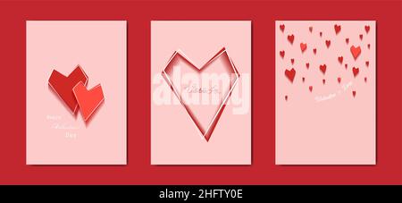 Happy Valentines day vector set greeting card. Red heart on pink background. Love holiday poster with text, jewels. Concept for Valentines banner, fly Stock Vector