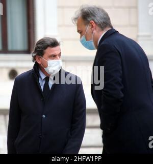 Mauro Scrobogna /LaPresse February 08, 2021&#xa0; Rome, Italy Politics Chamber of Deputies consultations In the photo: Carlo Calenda e Matteo Richetti, Azione Stock Photo