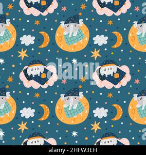 Seamless sleeping animals. Funny characters in nightcaps. Cute pattern with fauna napping under blankets. Sweet dreams on clouds or moon. Elephant and Stock Vector