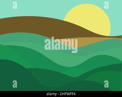 Green hills landscape in minimalist style. Boho decor for prints, posters and interior design. Mid Century modern decor. Green fields. Vector illustra Stock Vector