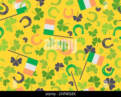Seamless pattern with clovers, horseshoes and Irish flags. Festive background for St. Patrick's Day for advertising products, postcards and printing. Stock Vector