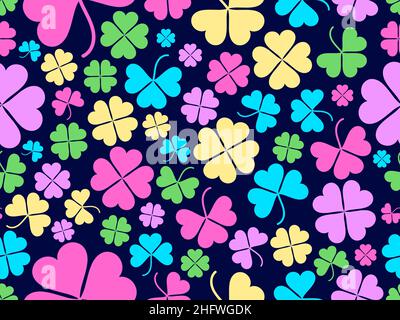 Seamless pattern with clover for Saint Patrick's Day. Multi-colored four-leaf clovers on a dark background. Festive background for advertising product Stock Vector
