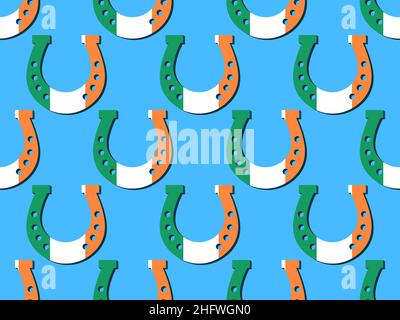 Horseshoes with Irish flag, seamless pattern for St. Patrick's Day. Festive background for advertising products, postcards and greeting cards. Vector Stock Vector