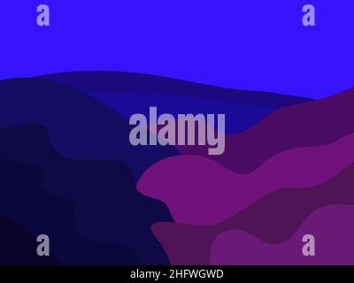 Night mountain landscape in a minimalist style. The crevice between the mountains in a flat style, dark blue and burgundy colors. Design of posters, b Stock Vector