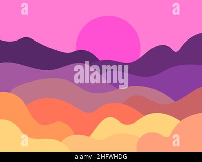 Desert landscape with pink sun in flat style. Wavy landscape in a minimalist style. Boho design for print, poster and interior design. Mid Century mod Stock Vector