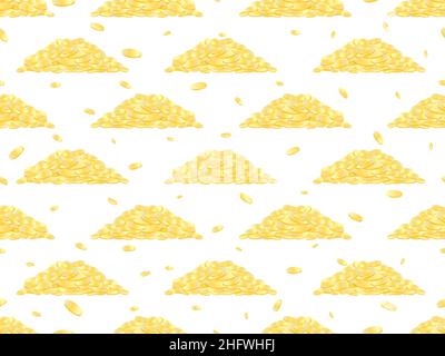 Mountain of gold coins on white background seamless pattern. Flying gold coins, a lot of money. Background for wrapping paper, advertising materials a Stock Vector