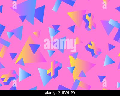 Geometric seamless pattern with geometric shapes with gradient. Memphis in the style of the 80s. Blue, yellow and pink gradient. Triangles and three-d Stock Vector